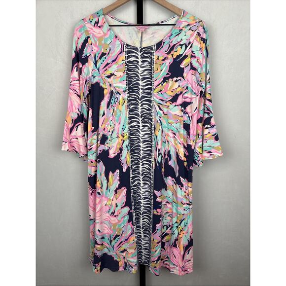 Lilly Pulitzer Ophelia Dress Women's Large 3/4 Bell Sleeves Stretch Tropical - Picture 1 of 12